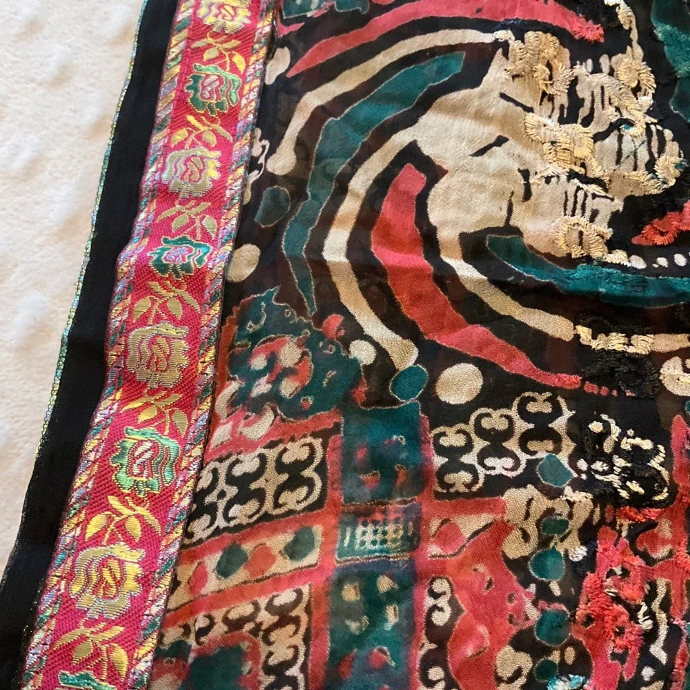 Bohemian Black Floral Scarf Shawl Wrap‎ Exotic Print Border